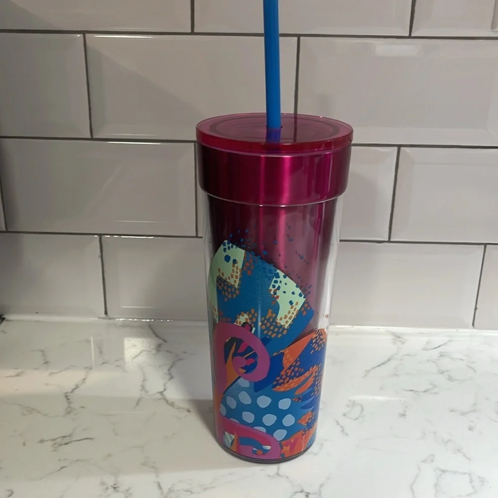 Starbucks | New metal insulated plastic 16oz cup Peony abstract